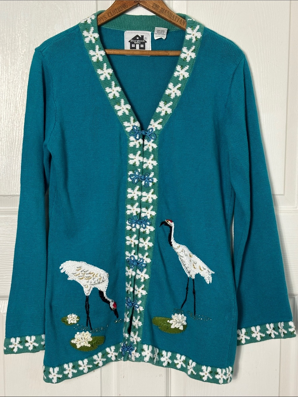 STORYBOOK Knit Teal Embroidered Crane V-Neck Cardigan with Floral Trim Size M